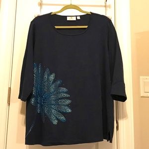 QF navy blue 3/4 sleeve shirt with big rhinestoned flower (2X)
